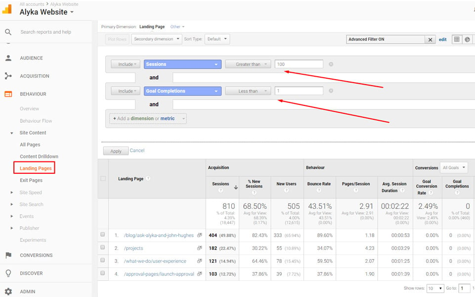 Filtering your sessions and conversion rate